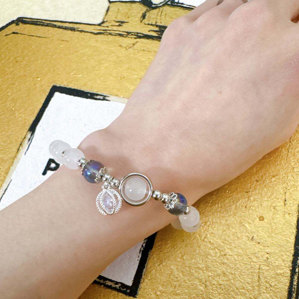 White Beaded Bracelet with Silver Teardrop Charm & Blue Accent Beads
